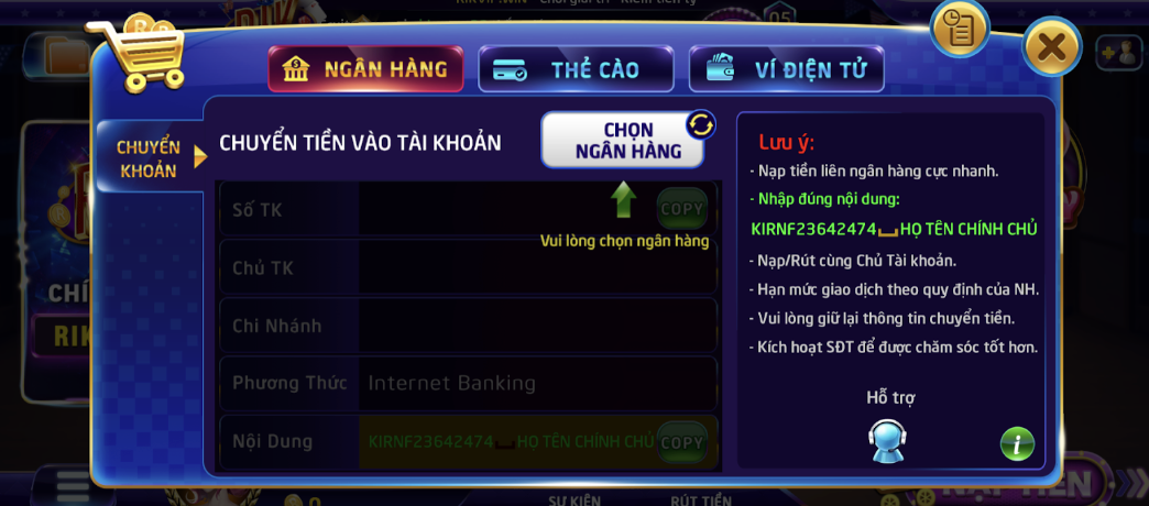 Nạp tiền qua chuyển khoản ngân hàng