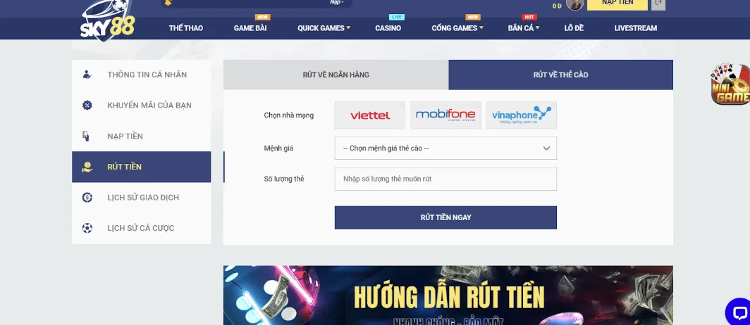 Hướng dẫn rút tiền tại sân chơi Sky88 qua thẻ cào